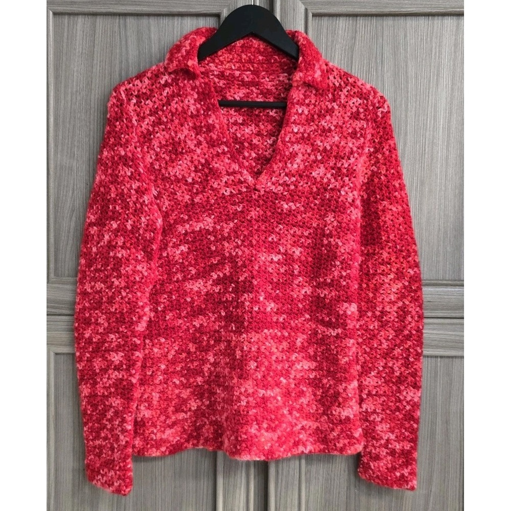 Multicolor Red Crocheted/Knitted Pullover Collared Sweater Unbranded